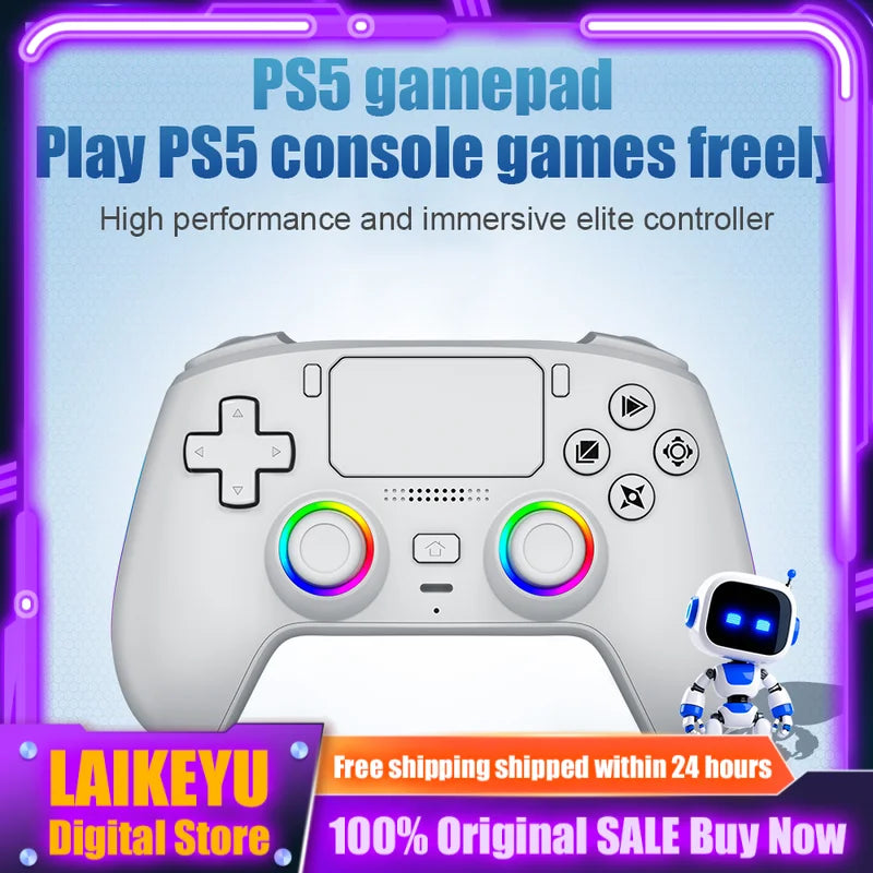 Mando blanco con joysticks iluminados RGB, panel frontal y cruceta, vista de frente