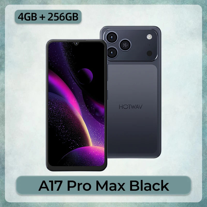 Smartphone HOTWAV A17 Pro Max de 6,75'' con pantalla de 120Hz, ultradelgado, 4GB de RAM, 256GB de ROM, Android 15, procesador octa-core, batería de 5160mAh, 1080P, Bluetooth 5.4 y conector para auriculares de 3,5 mm