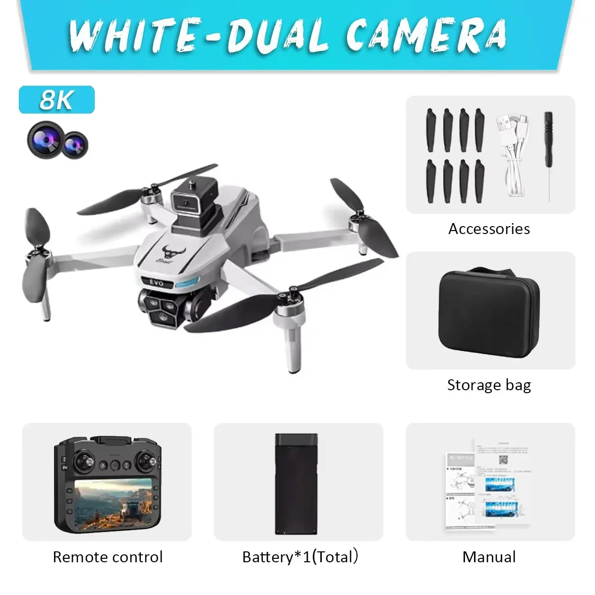 Juego de dron blanco con cámara dual y accesorios: hélices, bolsa de almacenamiento y manual