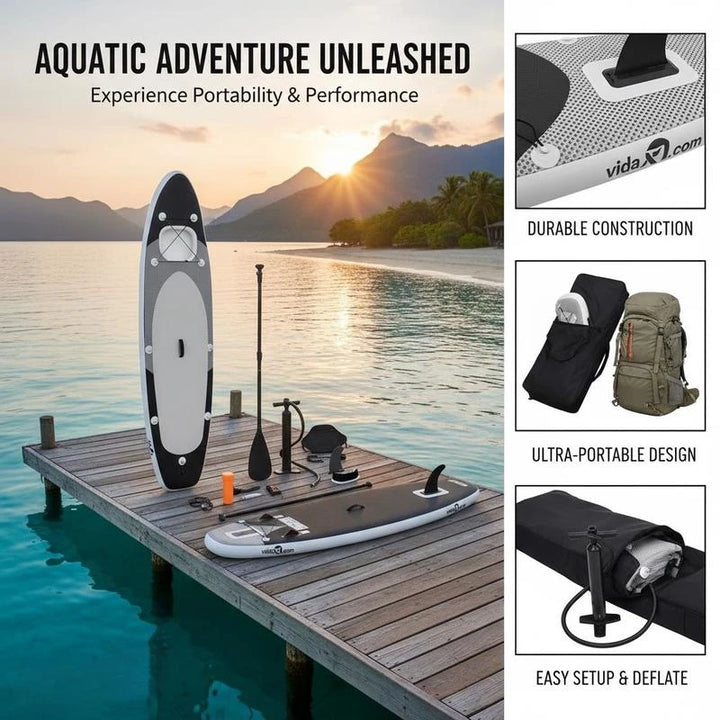Set de tabla de paddle surf SUP inflable color negro 330 x 76 x 10 cm, equipo de remo de pie portátil de alta durabilidad, apto para recreación acuática en lagos, ríos y costas tranquilas