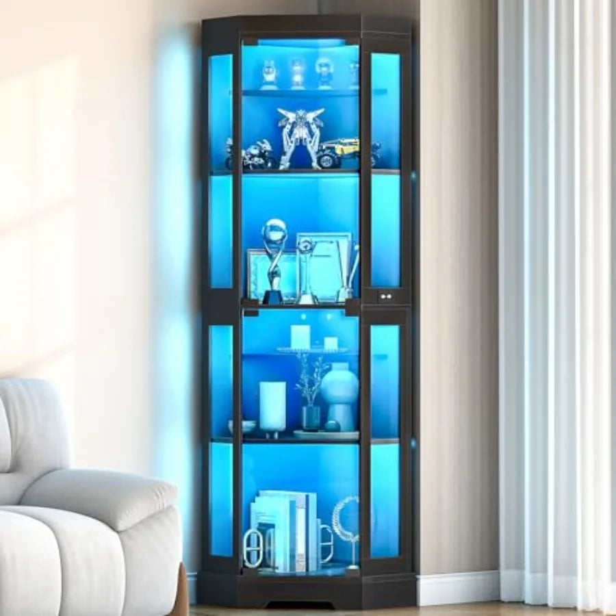 Vitrina esquinera negra de vidrio templado con estantes ajustables y luz LED azul.