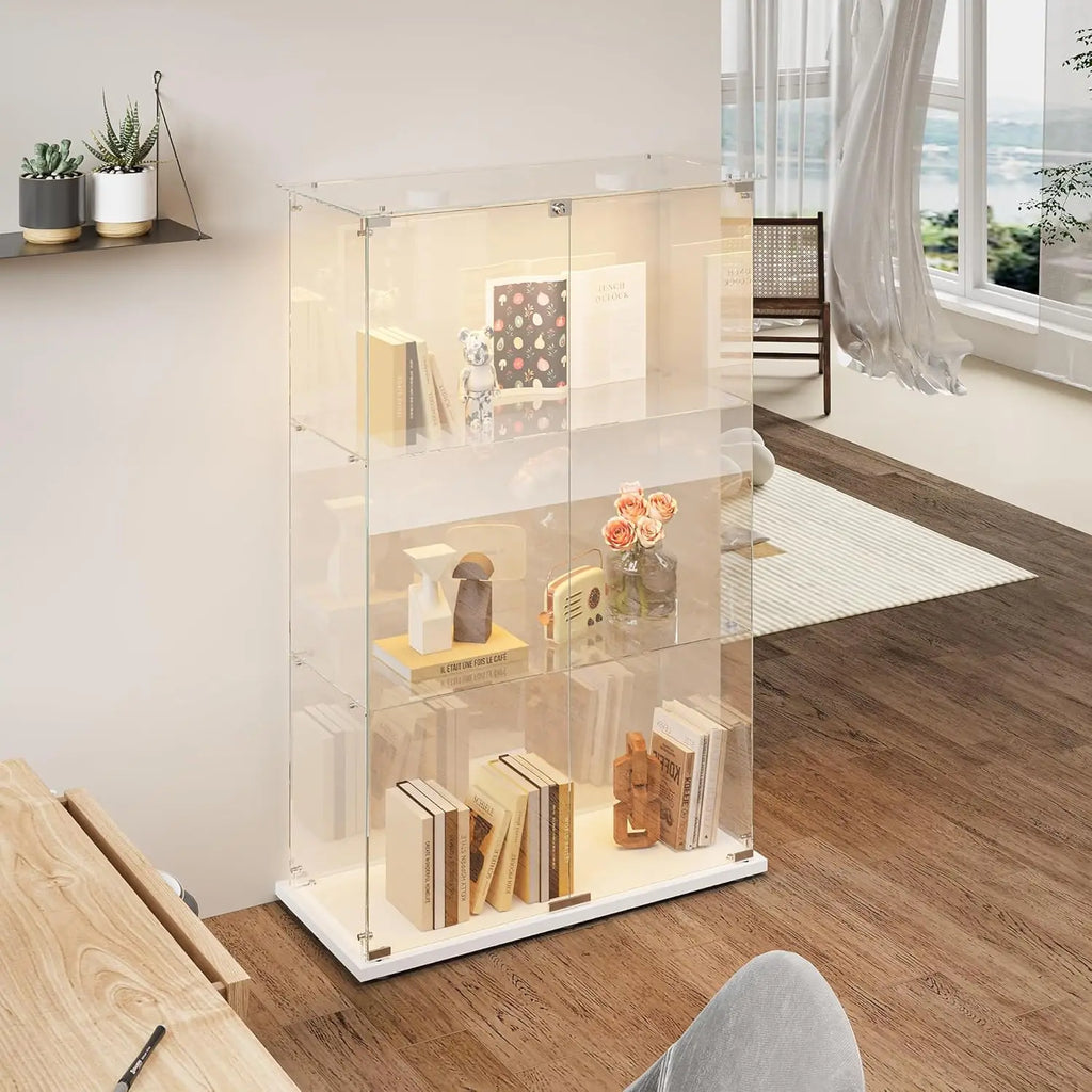 Glass Display Cabinet with LED Lighting, Standing Glass Display Cabinet with 3 Glass Shelves and 2 Glass Doors, Lockable, Display Cabinet for Living Room, Office, Collectibles, Books, Wine, White