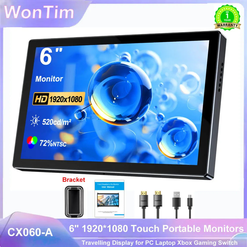 Monitor portátil WonTim de 6 pulgadas, con pantalla IPS de 1920x1080 y una luminosidad de 520 cd, ideal para la visualización de contenido en dispositivos de PC y como segunda pantalla.