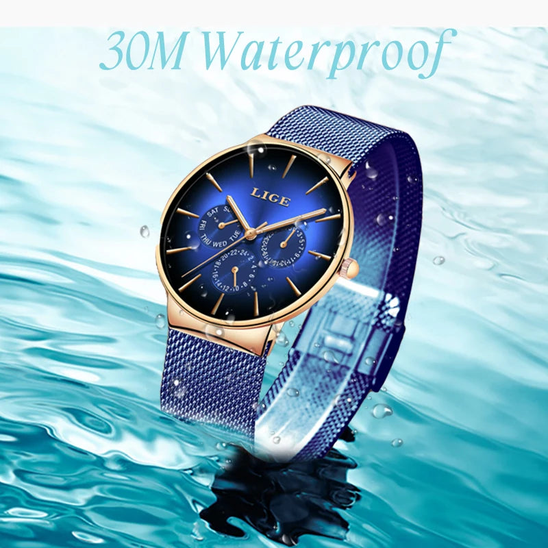 Nuevo reloj de moda para mujer LIGE elegante, lujoso, sencillo, ultrafino, con correa de malla de acero, de cuarzo, resistente al agua y con calendario casual.