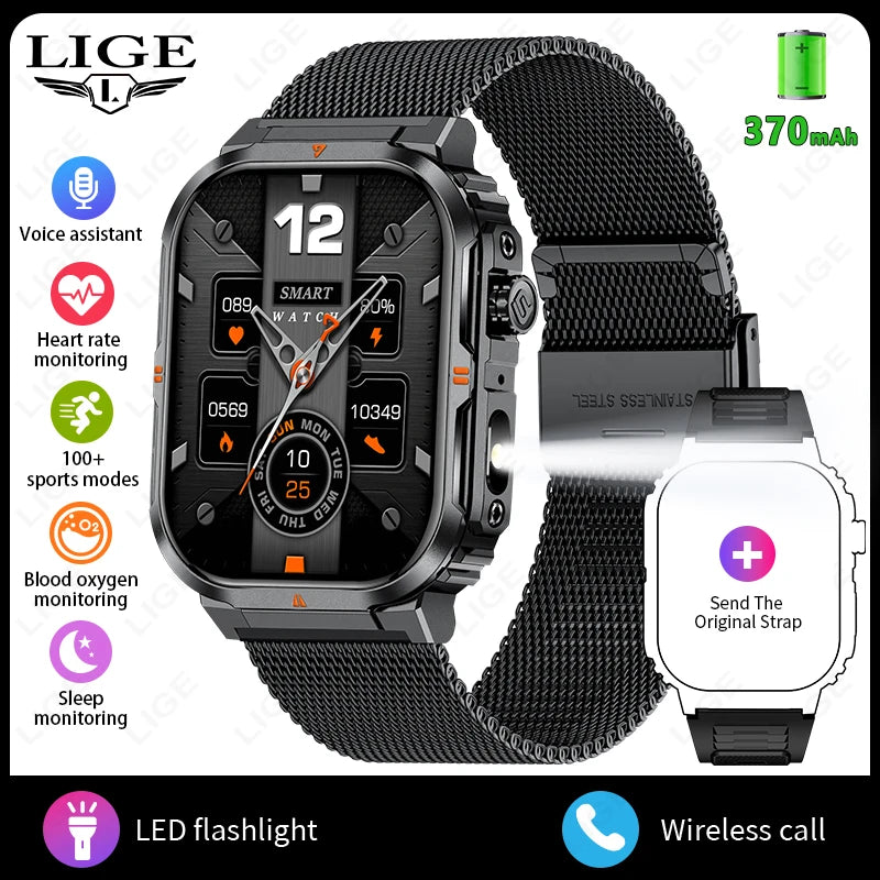 LIGE New Sports Smart Watch 2.01" HD Make Answer Call Voice Assistant Flashlight Outdoor 370mAh Battery Smartwatch For Men Women