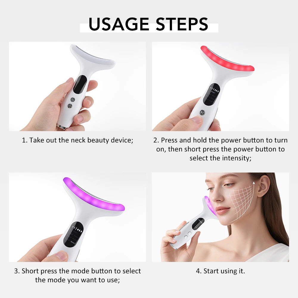 Dispositivo de belleza facial con luces LED de 7 colores, masaje con vibración EMS, mejora las líneas del cuello, máquina herramienta de estiramiento facial antiarrugas
