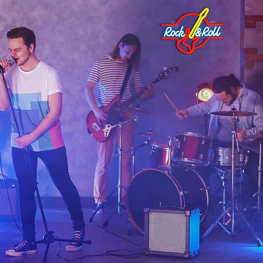 Letrero de neón LED con guitarra y texto Rock & Roll, colores rojo, azul y amarillo