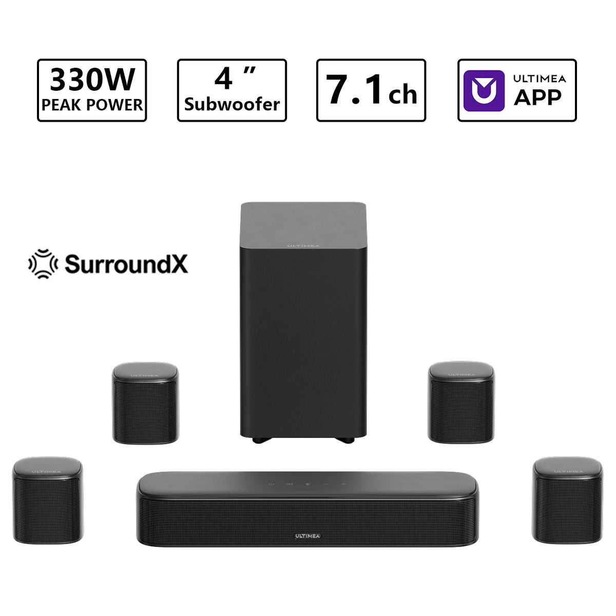 Barra de sonido negra 7.1 con subwoofer de 4" y cuatro satélites, app