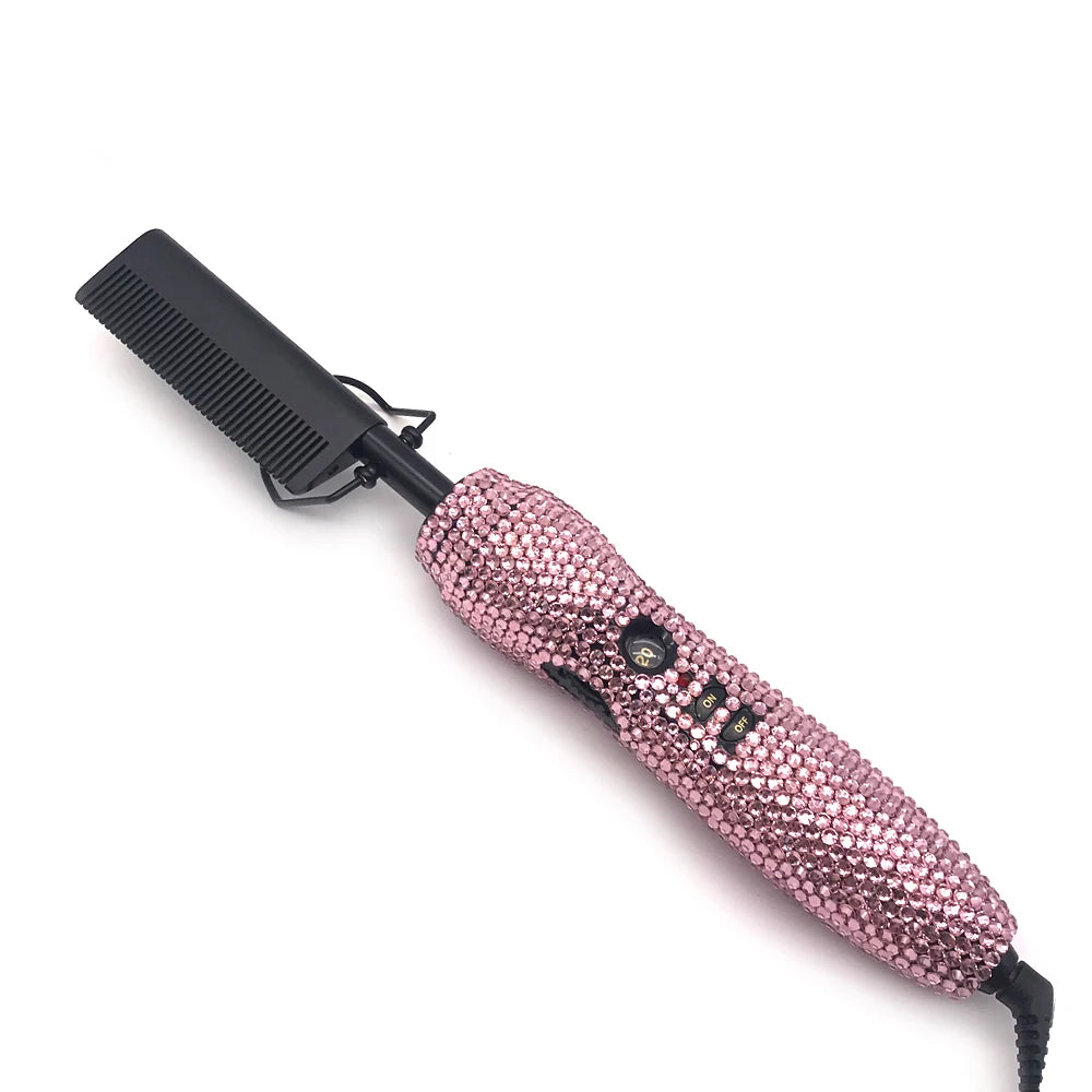 Peine Eléctrico Caliente para Pelucas Lace Front, Peine Alisador con Diamantes Anti-Quemaduras y 5 Temperaturas Ajustables