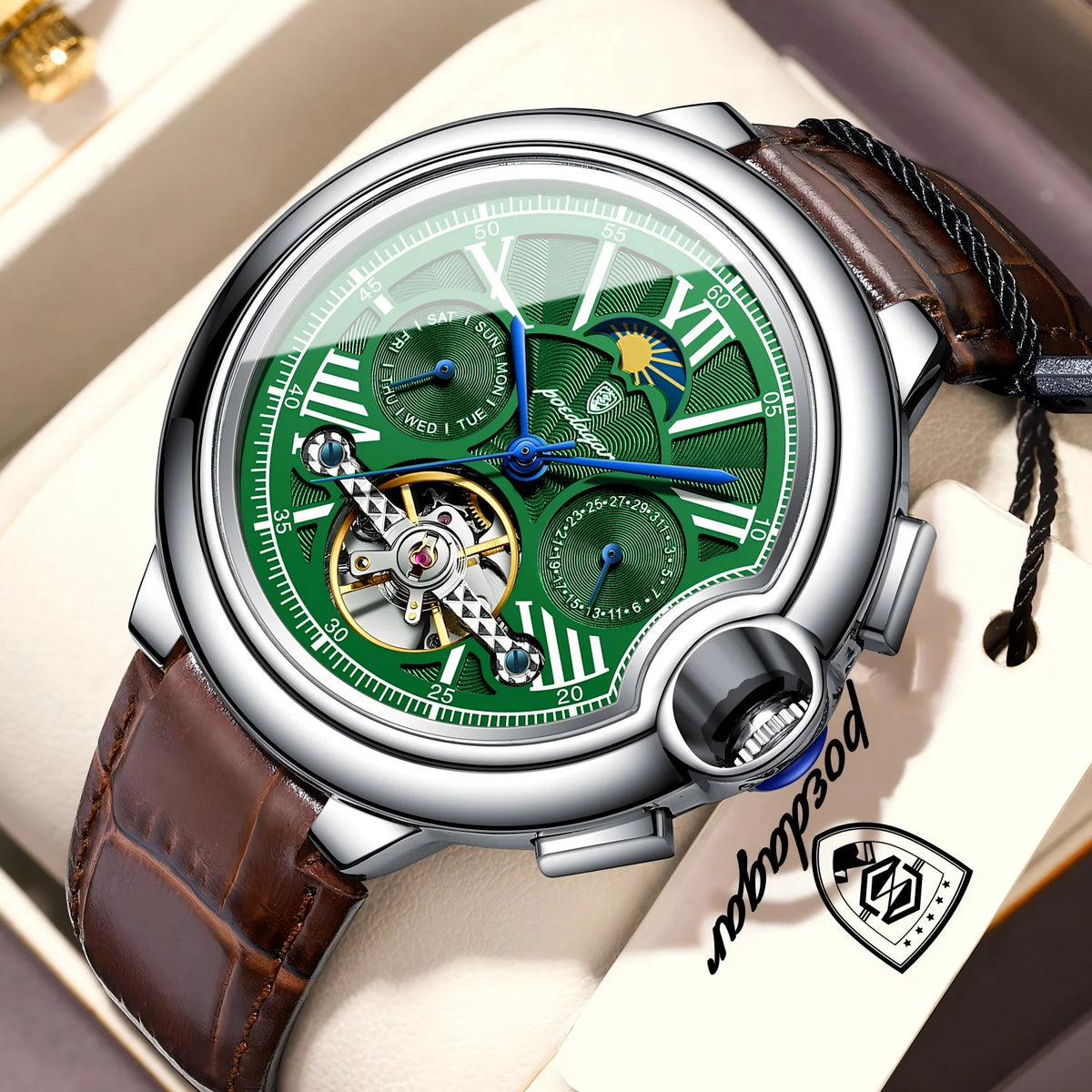 Reloj mecánico automático de lujo para hombre POEDAGAR, con fecha, semana, tourbillon, correa de piel, resistente al agua y diseño de negocios.