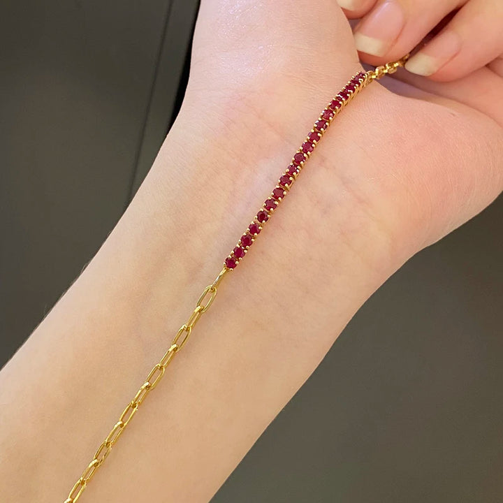 Aazuo, joyería fina, oro amarillo de 18 quilates, rubí natural, pulsera clásica con líneas de tenis para mujer, elegante y moderna, para fiesta de compromiso
