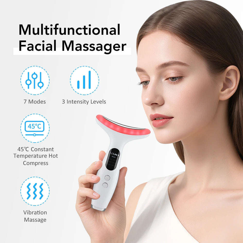 Dispositivo de belleza facial con luces LED de 7 colores, masaje con vibración EMS, mejora las líneas del cuello, máquina herramienta de estiramiento facial antiarrugas