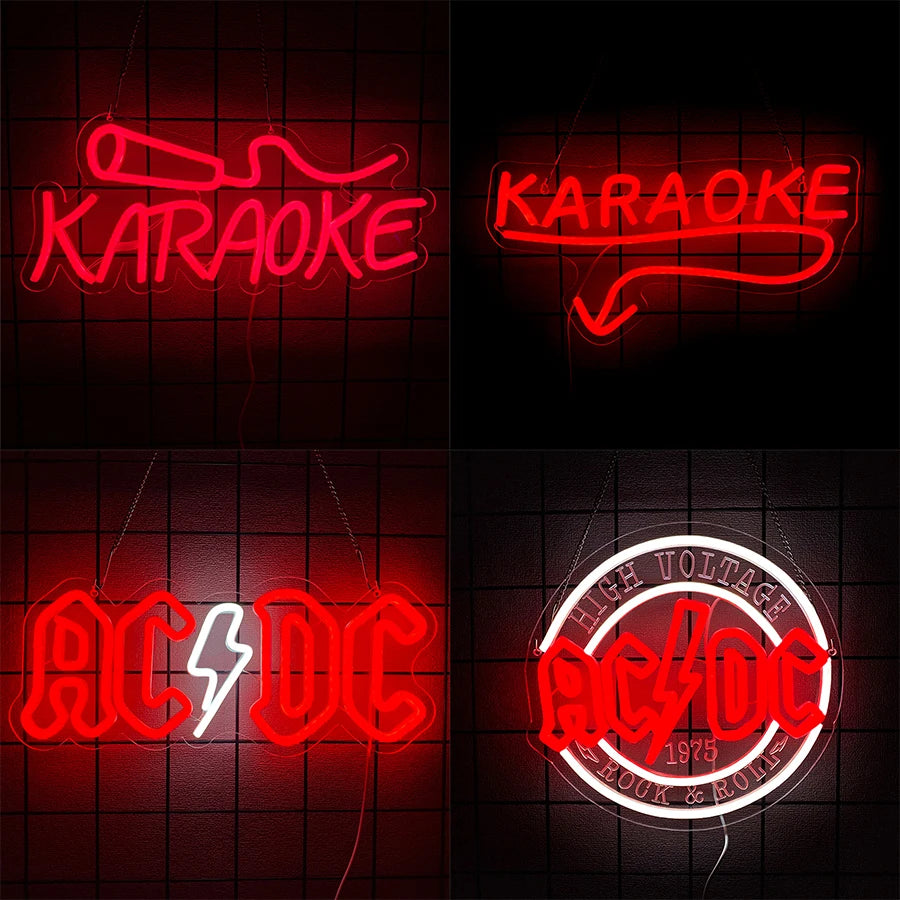Letrero neón LED rojo con texto KARAOKE y emblema AC/DC