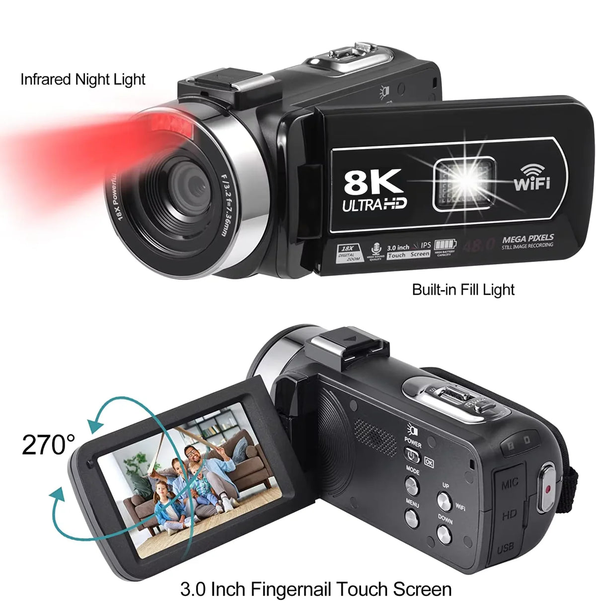 Videocámara 8K de 64MP con Visión Nocturna IR de 18X, Grabadora de Video Digital, Pantalla Táctil Giratoria de 3.0'', Wi-Fi, Vlogging, Transmisión en Vivo, Cámara Web