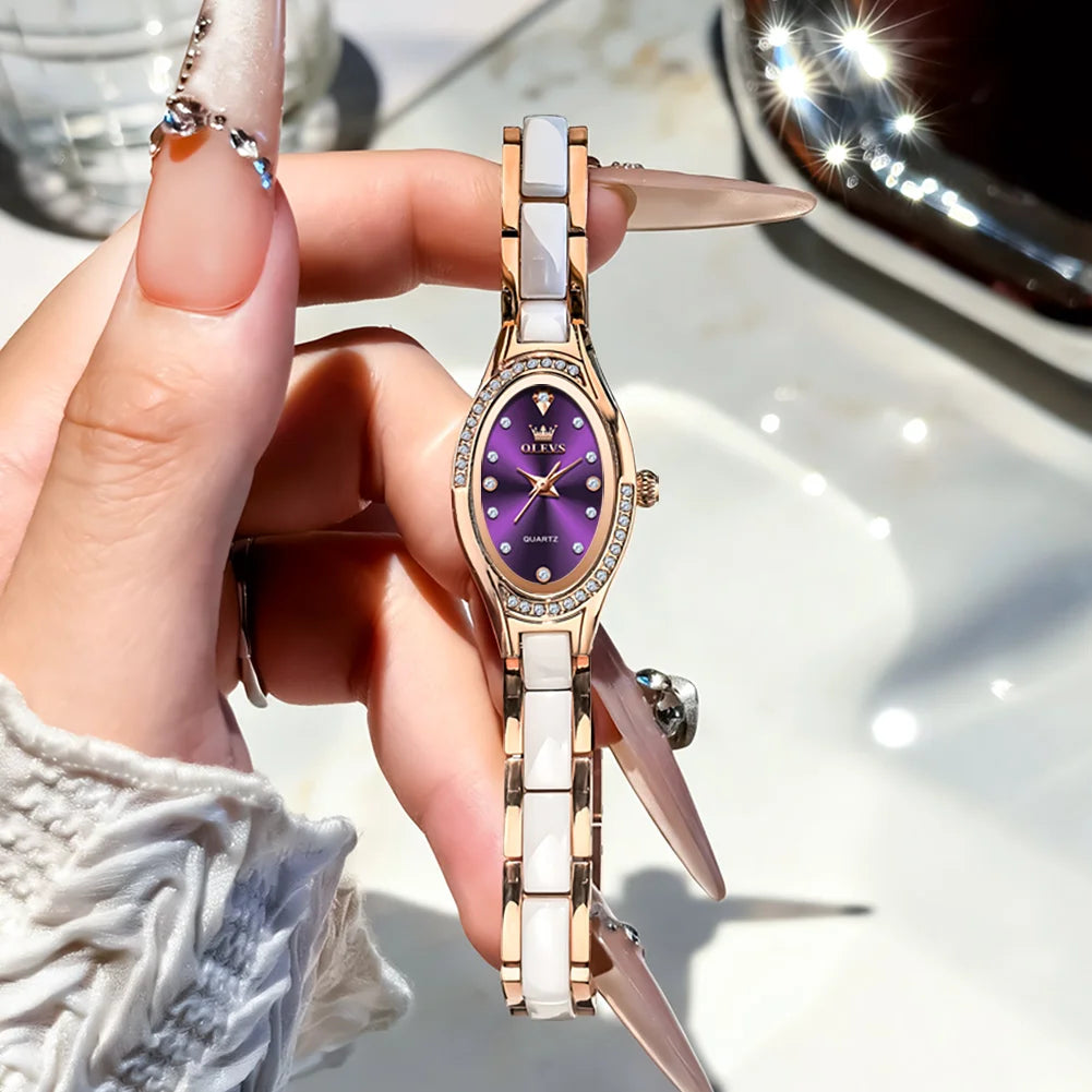 Reloj de cuarzo para mujer OLEVS 7131 con correa de porcelana, resistente al agua 30m, esfera con diamantes exquisitos y diseño elegante de moda