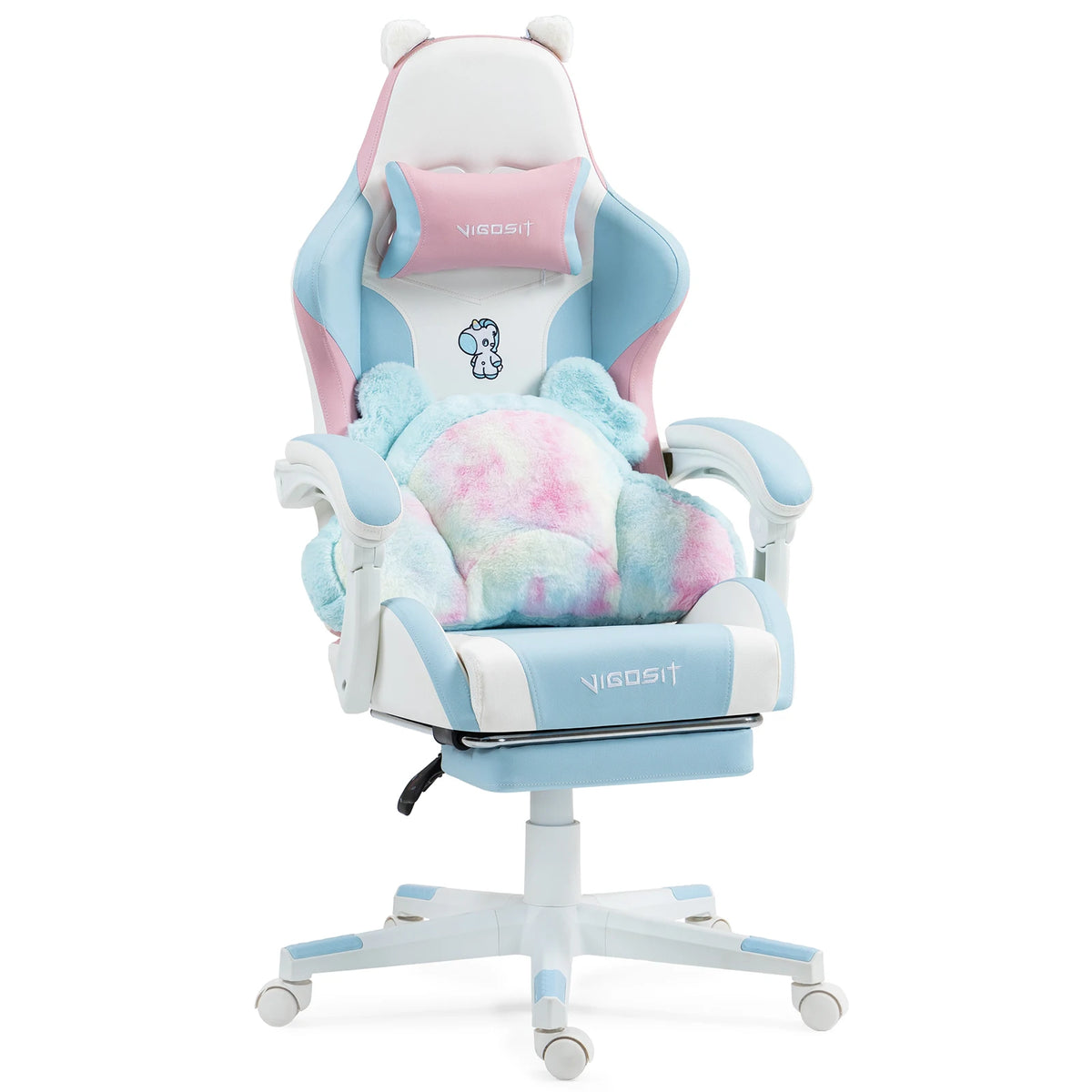 Silla de gaming ergonómica azul con orejas y cojín kawaii multicolor