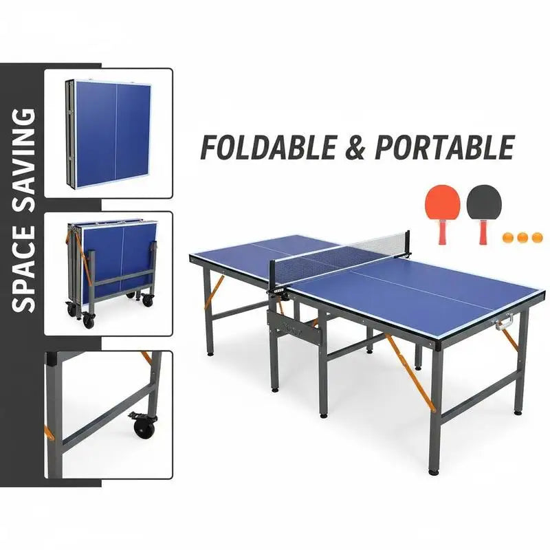 Mesa de ping-pong plegable azul de 152,4×66,04×66,04 cm con 6 patas metálicas estables, plegable para ahorrar espacio, con 10,16 cm de grosor, incluye Set de Pádel, 2 Palas y 3 Pelotas, Patas Antideslizantes, para Interio