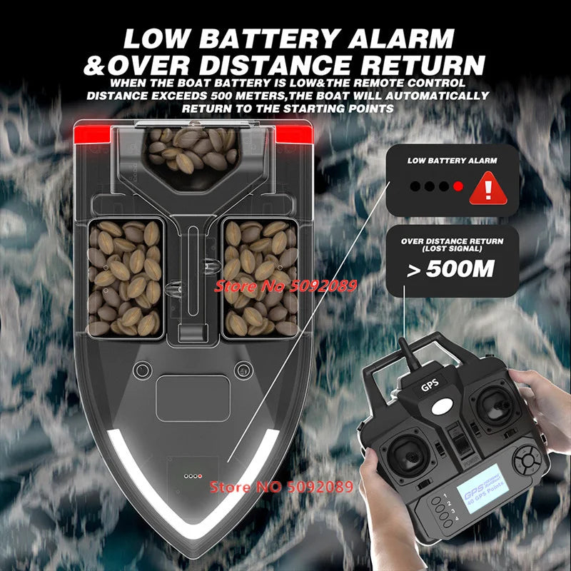 Barco cebador GPS inteligente de 40 puntos con retorno automático, embarcación teledirigida para pesca con capacidad de carga de 2 kg, alcance de 500 m y crucero a velocidad fija