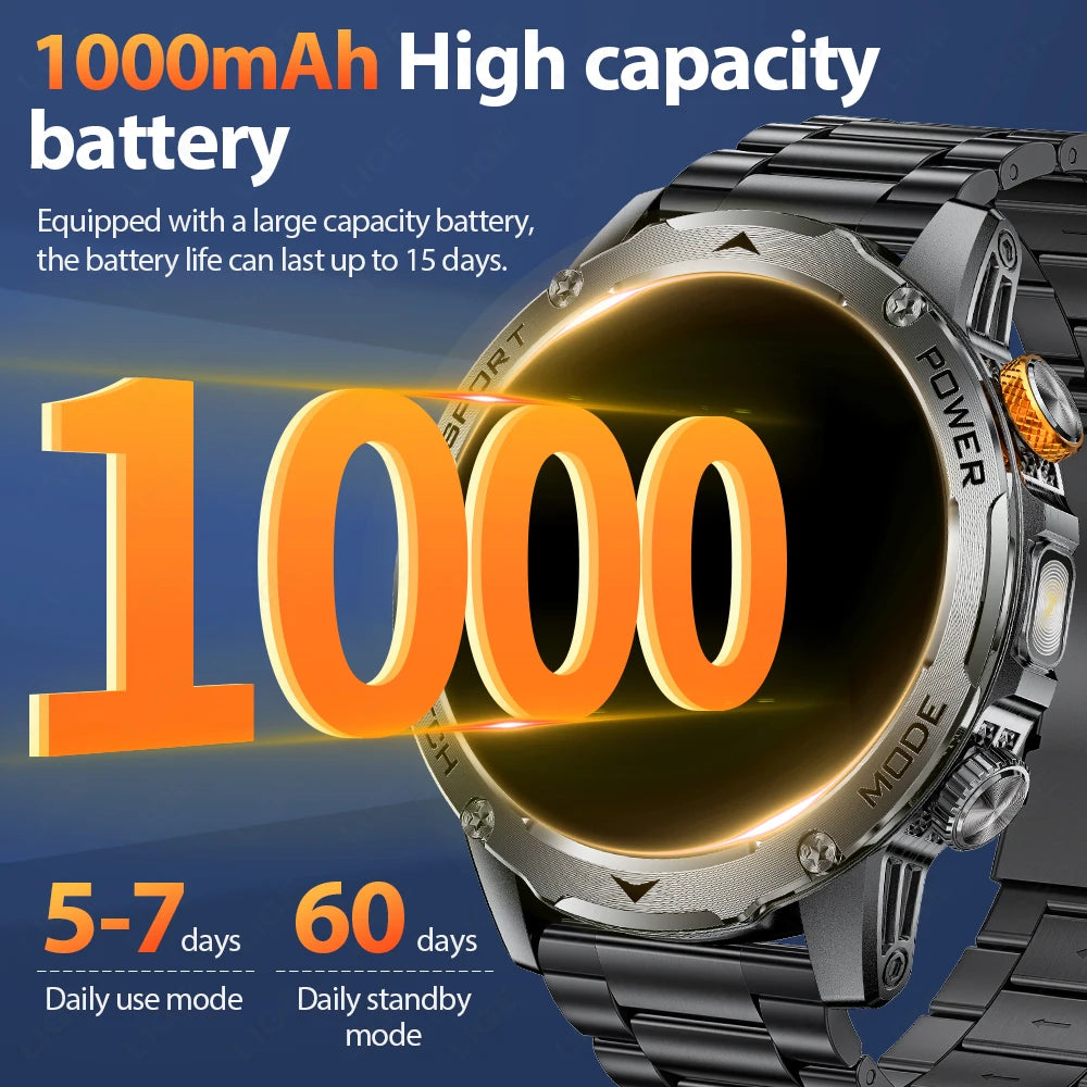 LIGE Nuevo reloj inteligente para hombre con batería de gran capacidad de 1000 mAh, linterna exterior, llamadas Bluetooth, resistente al agua, reloj inteligente deportivo de fitness