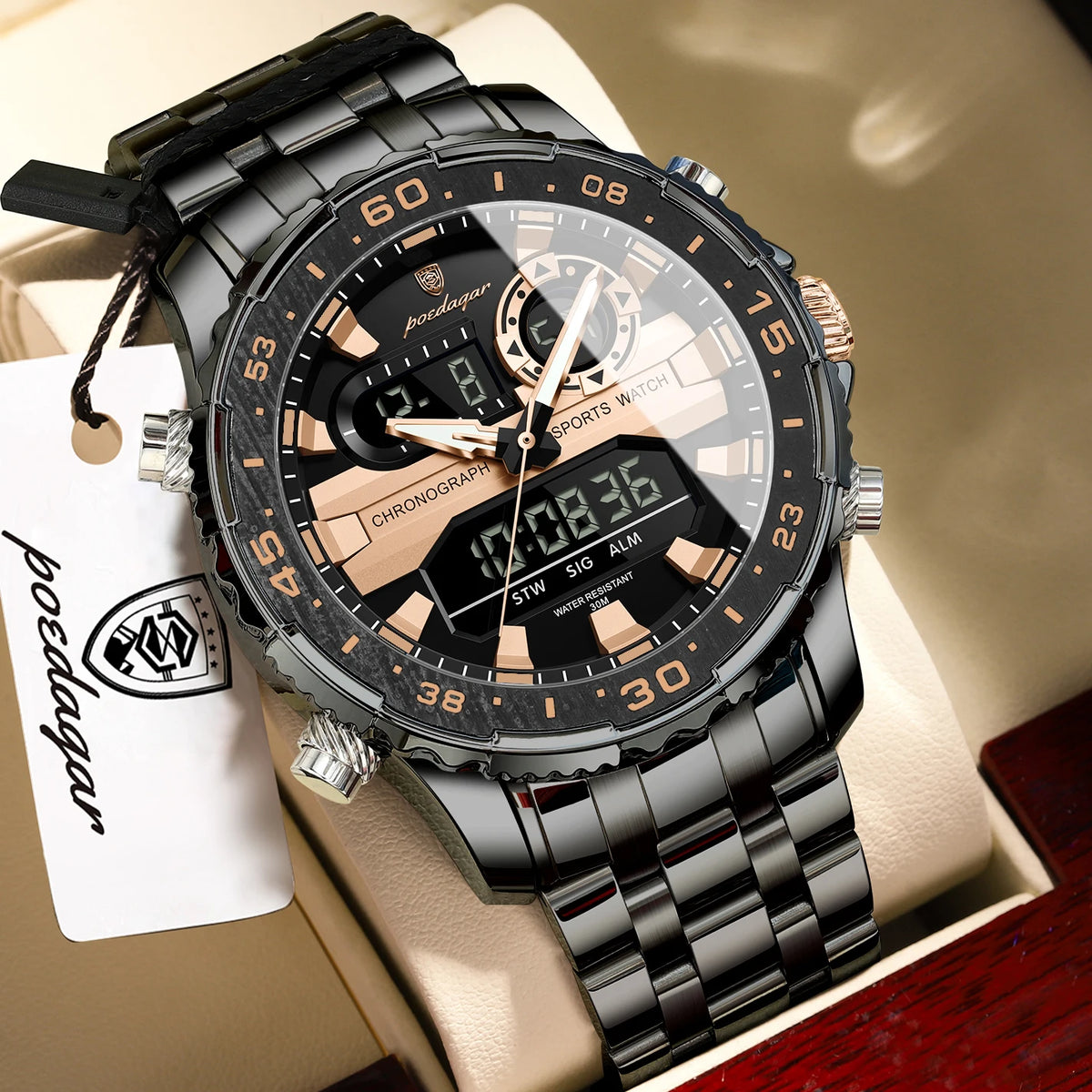 Reloj de pulsera electrónico de moda para hombre POEDAGAR, con semana, fecha, LED luminoso, pantalla de doble hora, relojes digitales de cuarzo para hombre