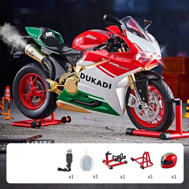 Modelo de motocicleta deportiva de aleación Key Start 1:9 1199 Panigale, modelo de motocicleta de carreras de pista fundida a presión con pulverización, sonido y luz, juguetes para niños