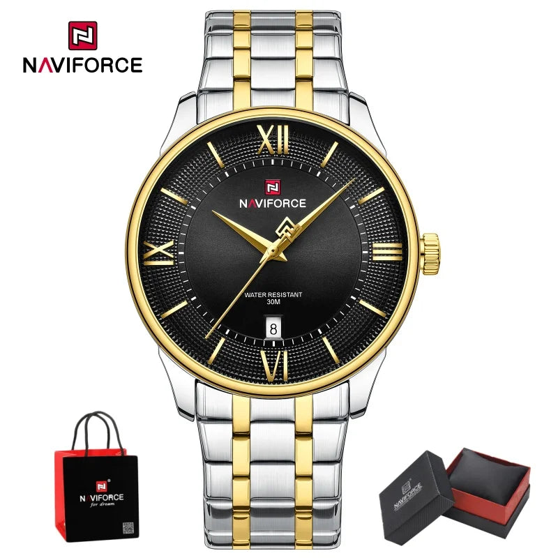 NAVIFORCE Men Elegant Quartz Wristwatch 3ATM Waterproof Calendar Stainless Steel Business Formal Watch Wristwatch Gifts box