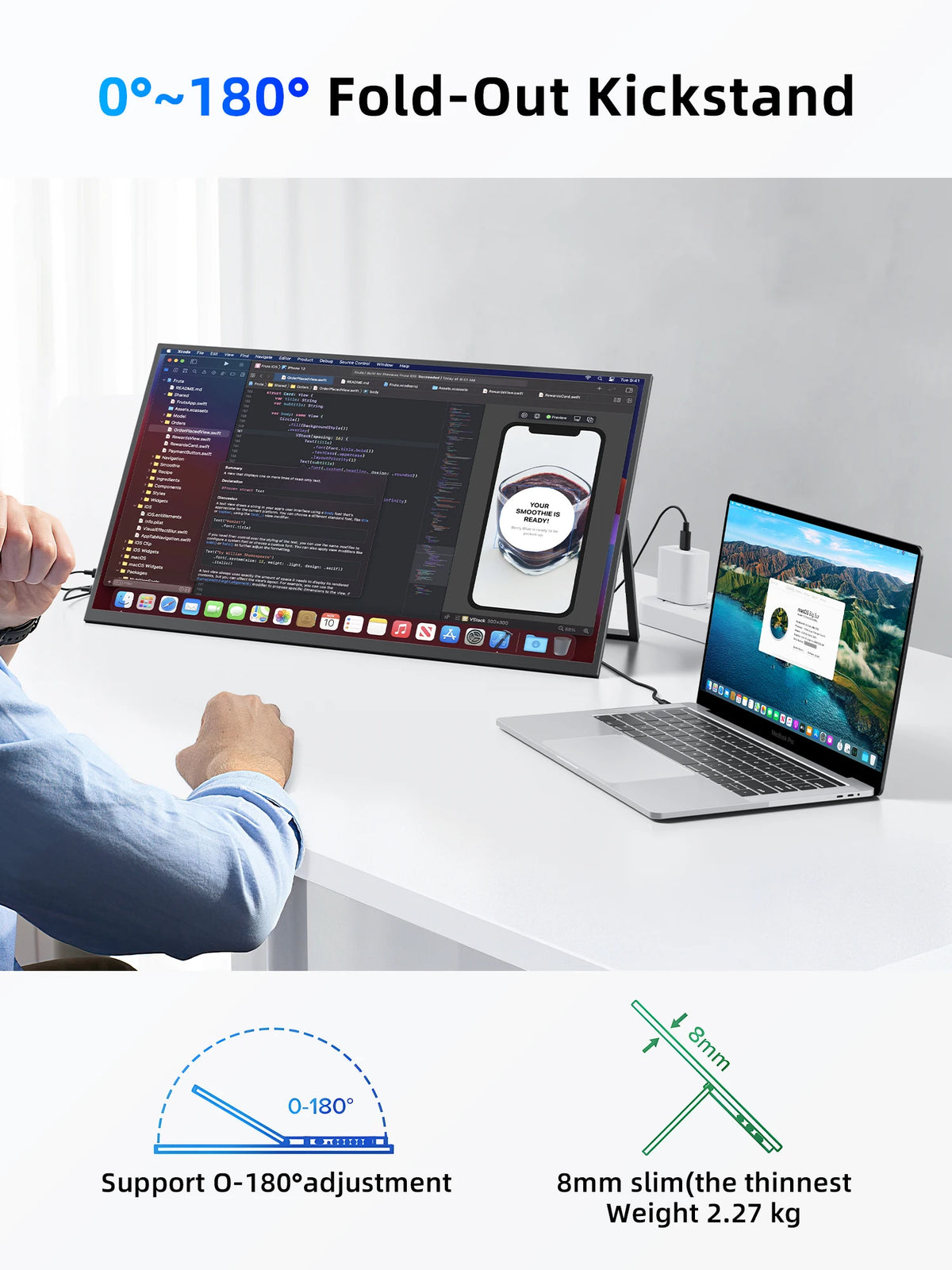 Monitor Portátil Amoudo de 23,8 Pulgadas, 1920*1080P, 100Hz, Compatible con VESA, Monitor Portátil de Pantalla Ancha, Monitor Móvil