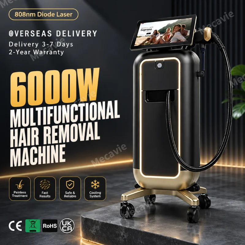 Máquina profesional de depilación láser con diodo de 6 longitudes de onda, sistema de colimación de eje rápido, sistema de enfriamiento por puntos de hielo y para el cuidado de la piel en salones de belleza.