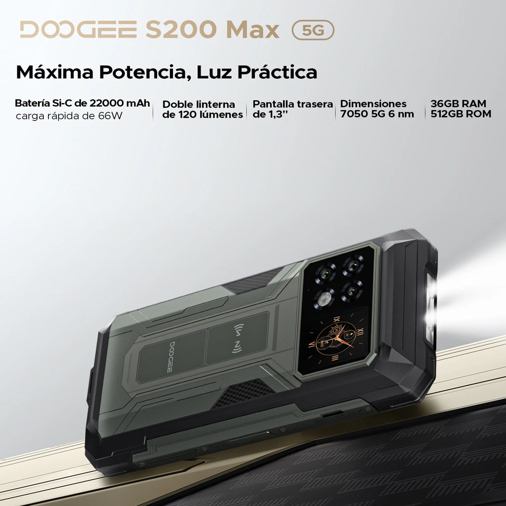 Smartphone rugerizado DOOGEE S200 Max 36GB+512GB 22000mAh 66W Doble linterna LED Pantalla trasera de 1.32" Dimensity 7050 108MP NFC