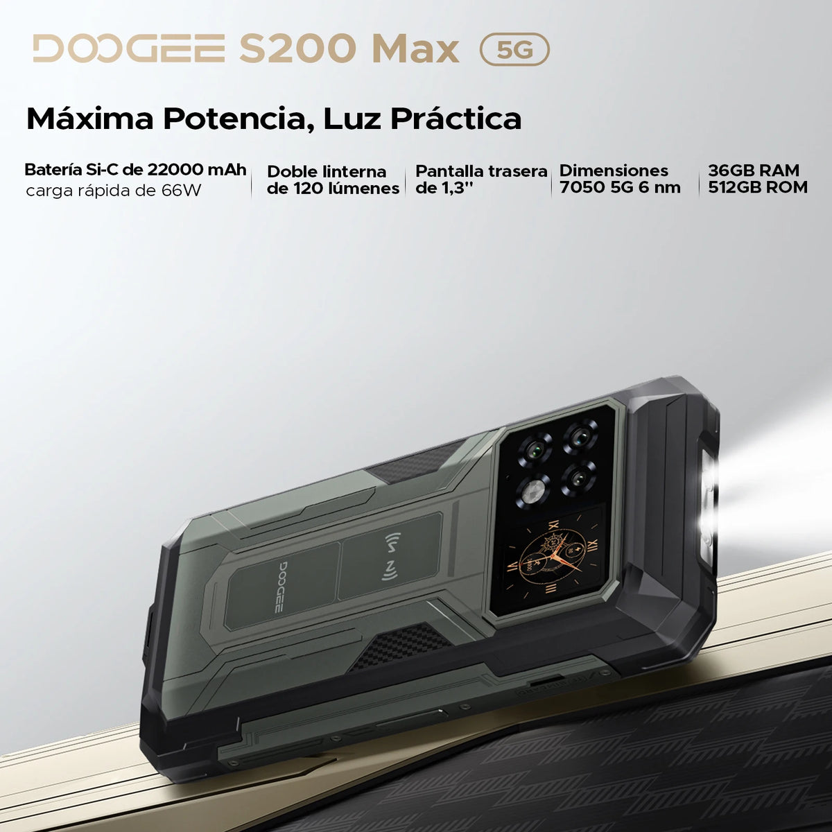 Smartphone rugerizado DOOGEE S200 Max 36GB+512GB 22000mAh 66W Doble linterna LED Pantalla trasera de 1.32" Dimensity 7050 108MP NFC