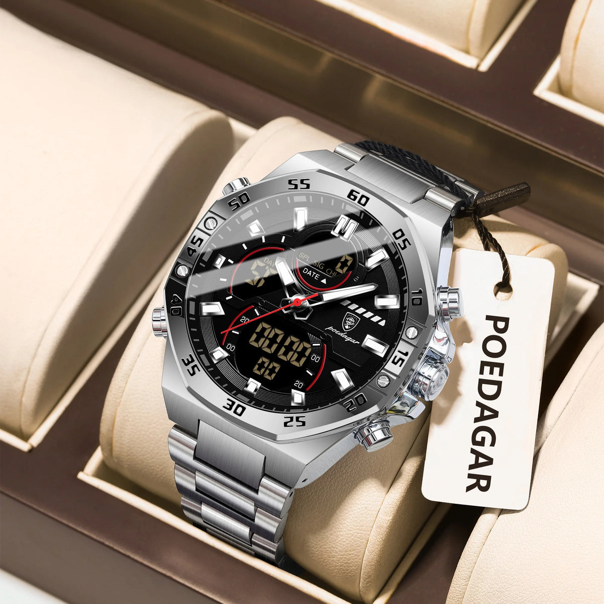 Reloj para hombre POEDAGAR de cuarzo, LED, luminoso, resistente al agua, con fecha y día, de acero inoxidable, a la moda, militar, digital.