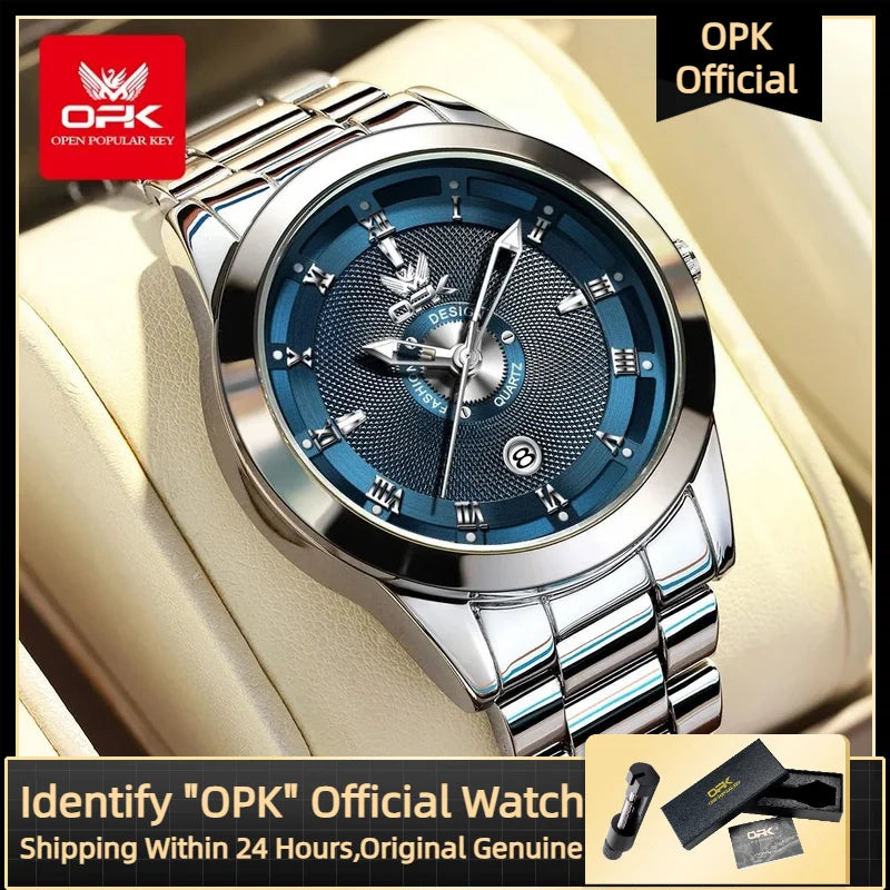 Reloj de cuarzo OPK 6056 para hombre, con números romanos, acero inoxidable, resistente al agua, calendario, luminoso, de alta calidad y original.