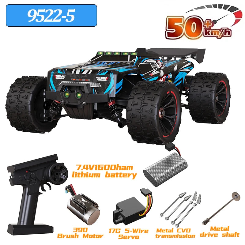 Coche RC 50 km/h azul y negro con neumáticos todoterreno; incluye baterías y accesorios