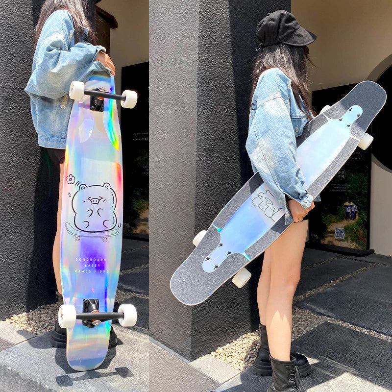 Longboard con Patrón Láser, Tabla de Skate Profesional de Fibra de Vidrio, Ligera, Delgada y Flexible, Tabla de Baile Freestyle para Principiantes