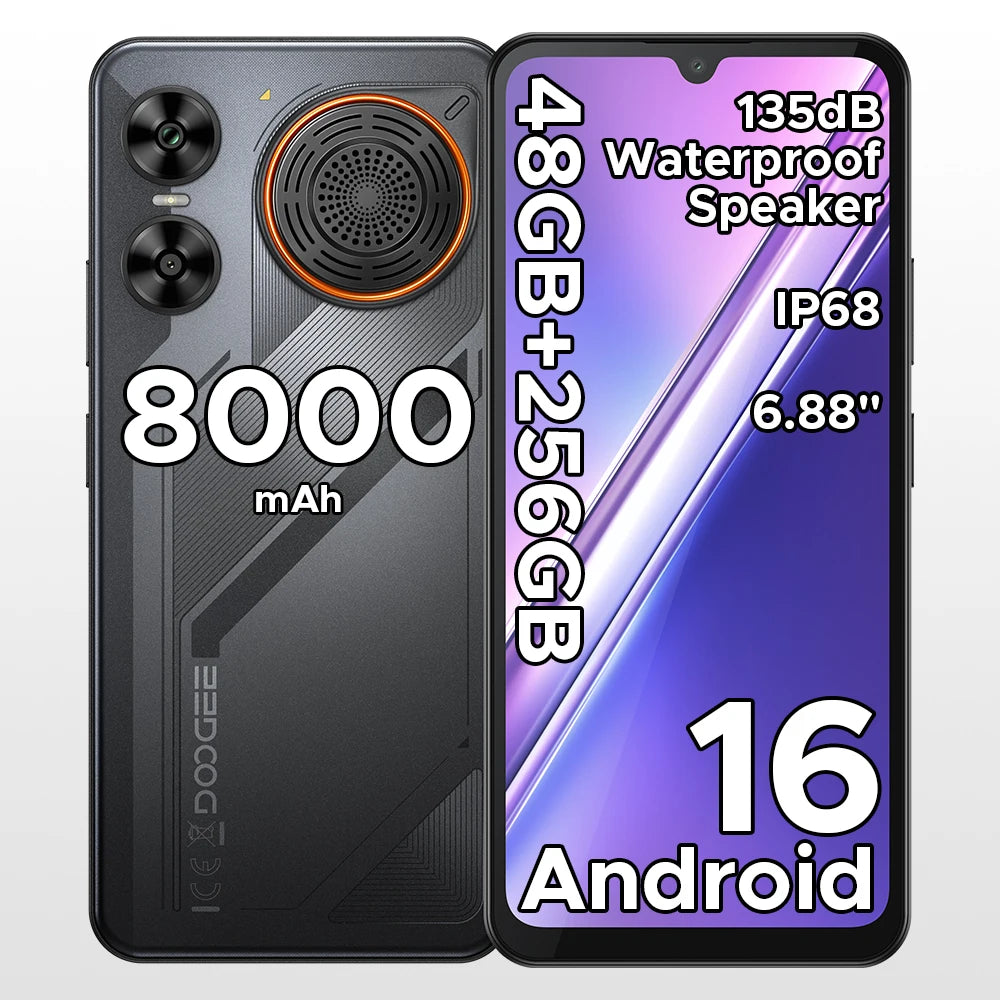 Smartphone DOOGEE M30 IA 6,88" IP68 Resistente al agua Android 16 Batería de 8000 mAh 48 GB RAM (6+42) 256 GB ROM Cámara de 64 MP Widevine L1 Compatible con Google Pay y altavoz de gran amplitud de 135 dB