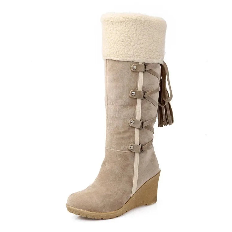 Botas altas para Mujer, Botas Largas con cordones y borlas, Botas de nieve con cuña y plataforma, Botas cálidas de algodón para Mujer 2022