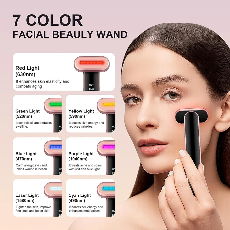 Dispositivo EMS para Lifting Facial, Varita Facial con 7 Colores de Luz, Masajeador Facial y Ocular, Reafirmante de Piel, Antiarrugas, Herramienta de Belleza para el Cuidado de la Piel