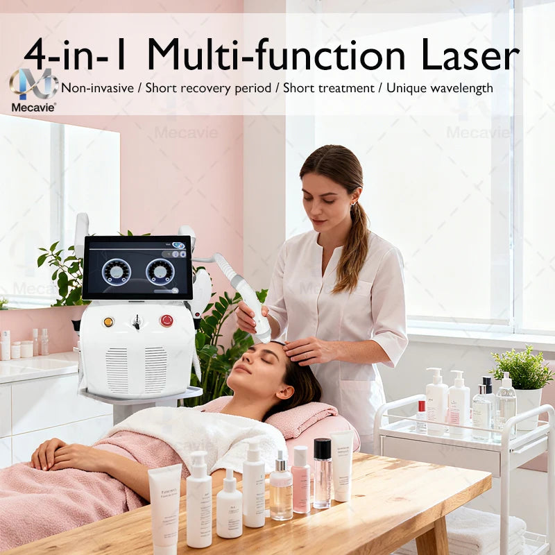 Máquina multifuncional para salones de belleza con láser de diodo 4 en 1, radiofrecuencia (RF), láser DPL y láser Pico: depilación permanente, eliminación de tatuajes y rejuvenecimiento de la piel.