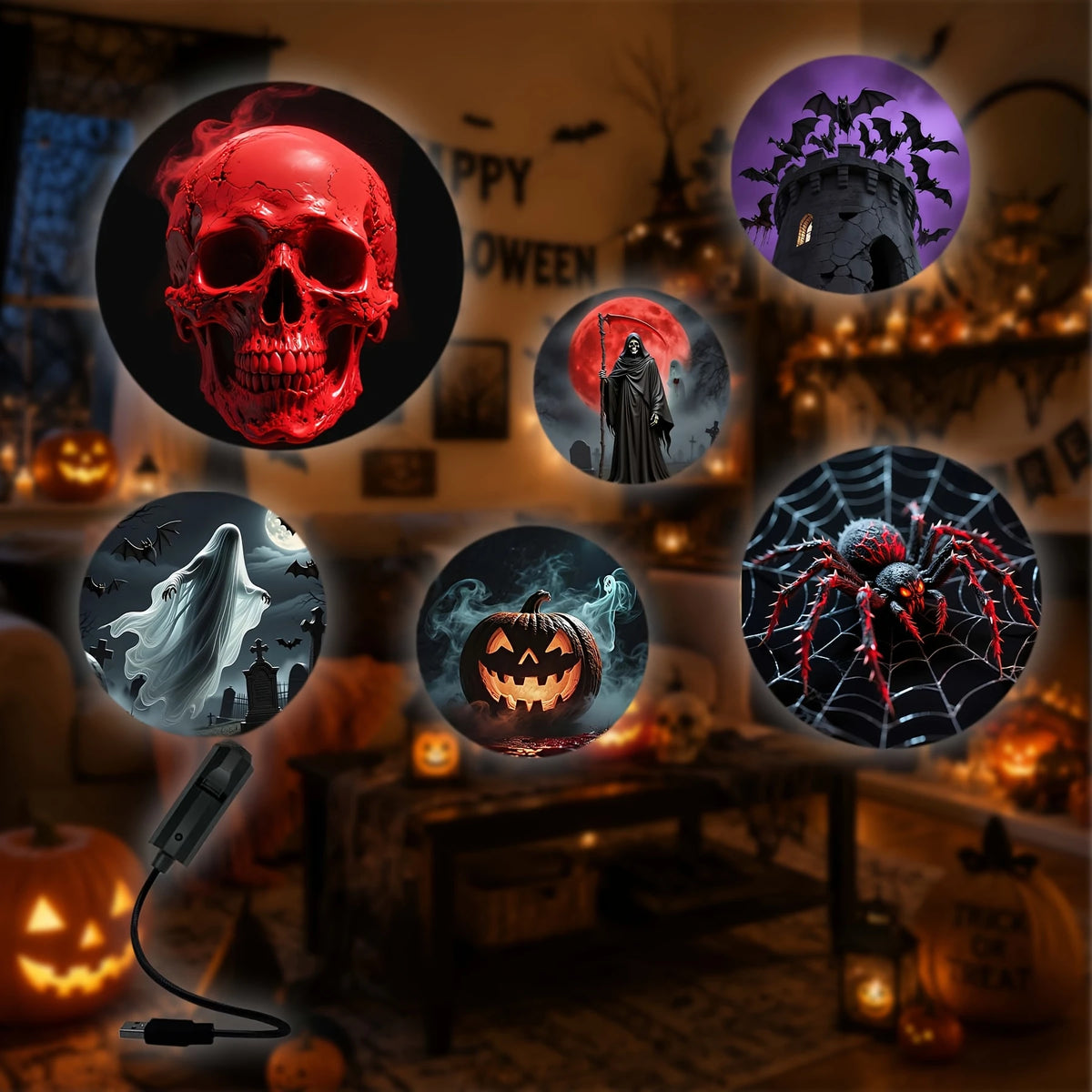 Lámpara de proyección LED de Halloween por USB, luz con 3/6 patrones de fantasma, murciélago, araña, esqueleto, luz de ambiente de Halloween, decoración festiva