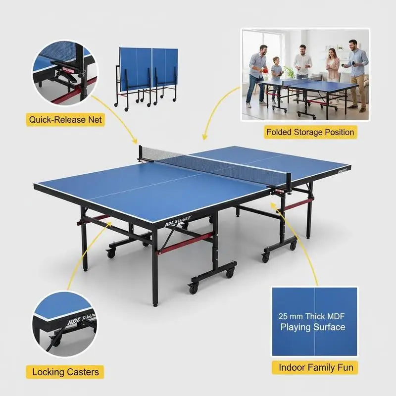 Mesa de ping pong plegable de MDF, tablero de 25 mm, ruedas bloqueables, red rápida, montaje en 10 minutos, interior, envío a Europa