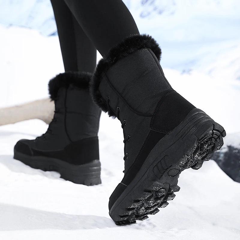 Botas de nieve para mujer, impermeables, antideslizantes, cálidas, de estilo nororiental, con forro de algodón, botas de esquí, con forro polar, de tejido grueso, resistentes al desgaste, botas de algodón de caña alta.