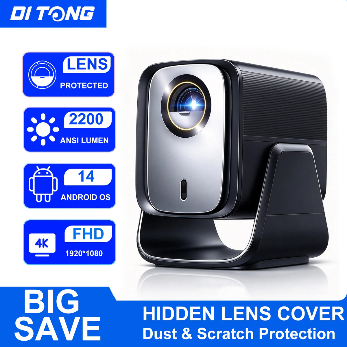 Proyector DITONG HT3 HD, resolución nativa de 1080P, compatible con 4K, WIFI6, BT5.4, mini proyector portátil Android, proyector LED para cine en casa.