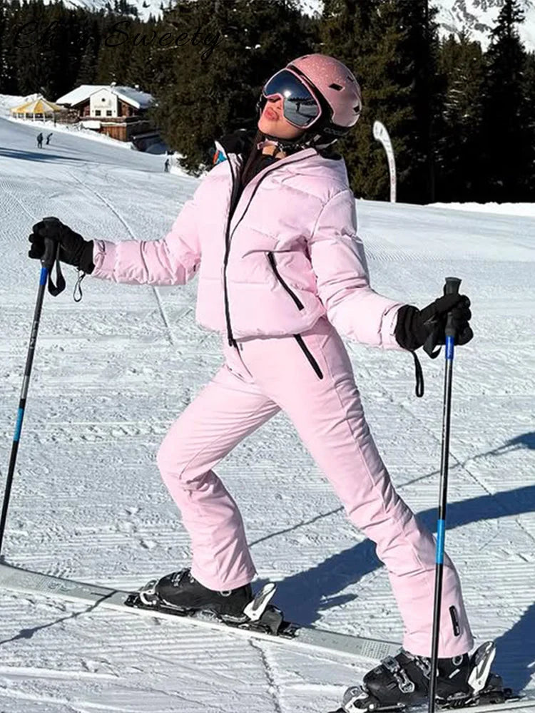 Mono de esquí cálido para mujer con cinturón, cuello alto, manga larga, cremallera, corte recto, grueso, ropa elegante de invierno 2026