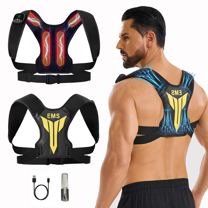 Estimulador muscular eléctrico EMS, masajeador para aliviar el estrés con vibración para espalda y hombros, tóner muscular inteligente, postura corporal correcta, carga USB