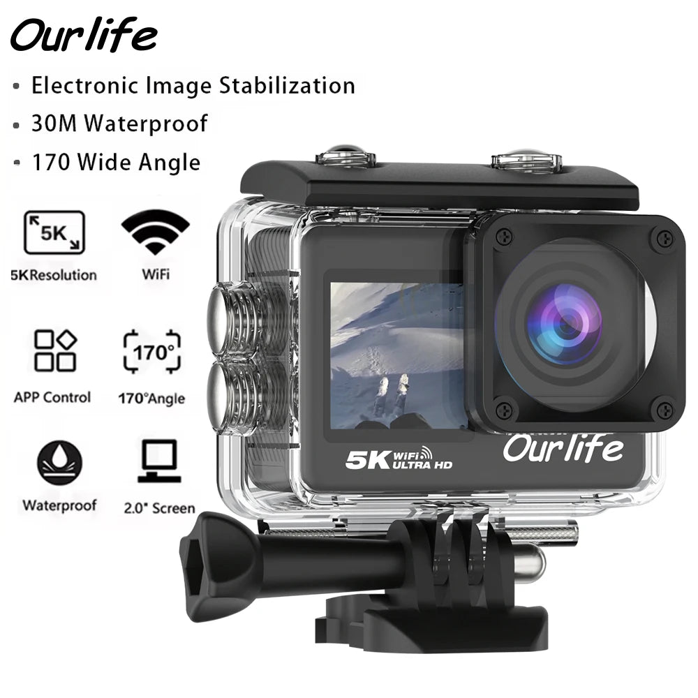 Cámara de Acción Ourlife MTR60 con Pantalla Táctil de 2.0'' y EIS 170 °   Cámara Web 30M Resistente al Agua con Zoom 5X, Cámara Deportiva WiFi 5K con Control Remoto