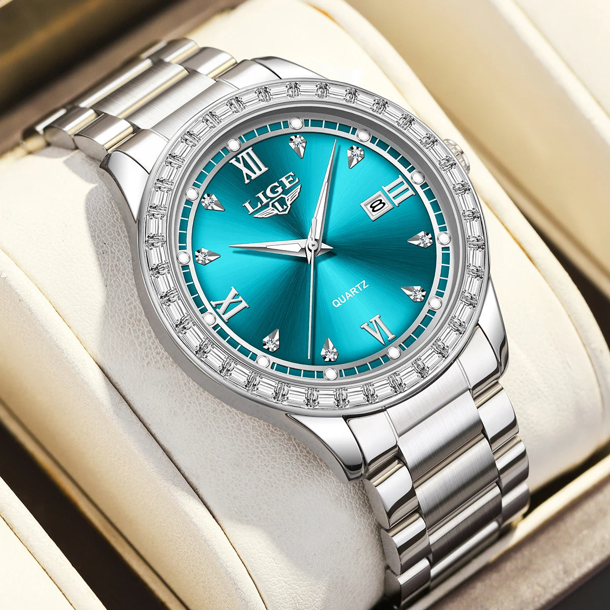 LIGE Original Quartz Watch for Women Diamond Dial Stainless Steel Waterproof Luminous Elegant Women's Wristwatches Reloj Mujer