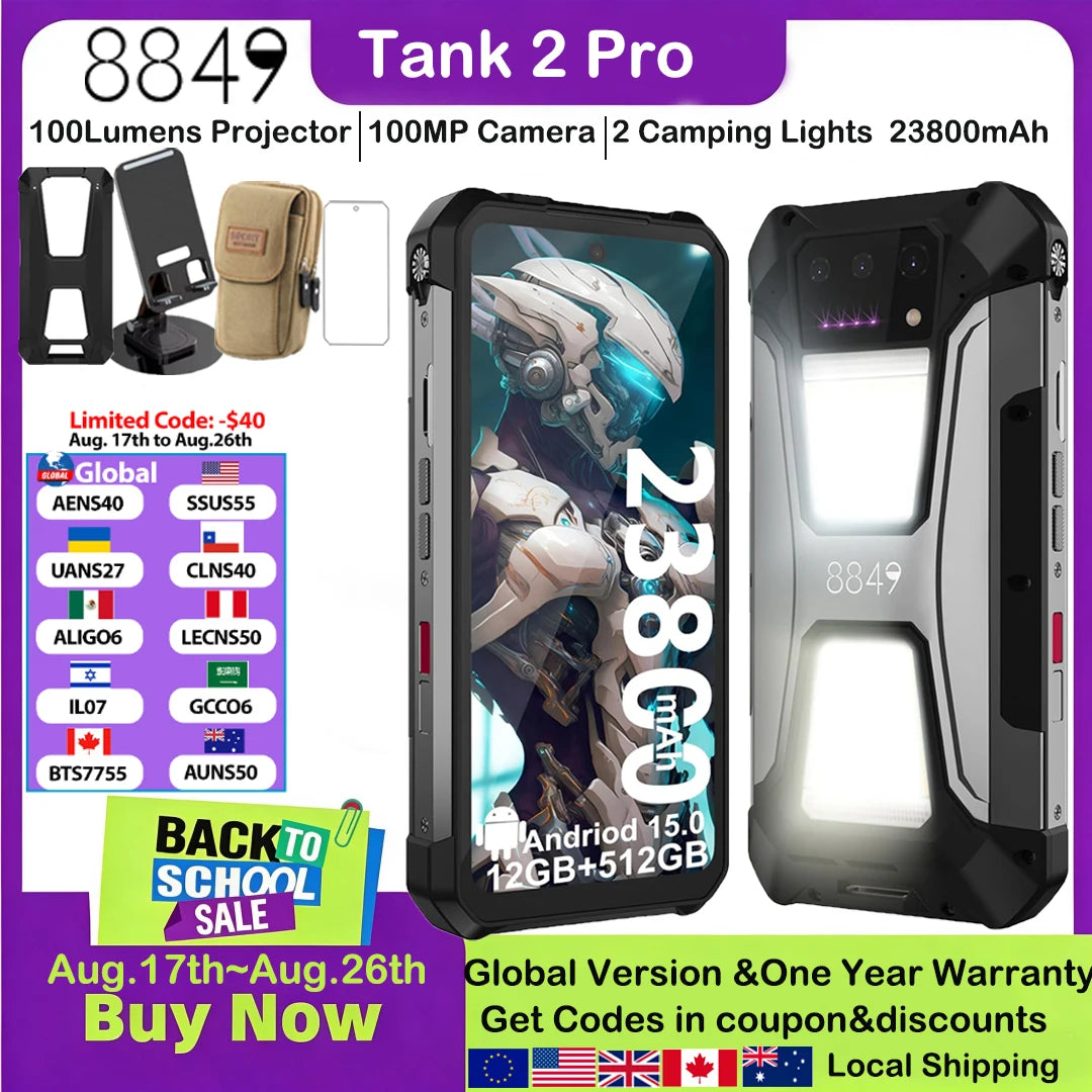 8849 Tank 2 PRO Unihertz, Teléfono Inteligente Resistente con Proyector, 100 Lúmenes, Android 15, 23800 mAh, 120 W, 512 GB, Cámara de 100 MP, Visión Nocturna, IP68, 2026