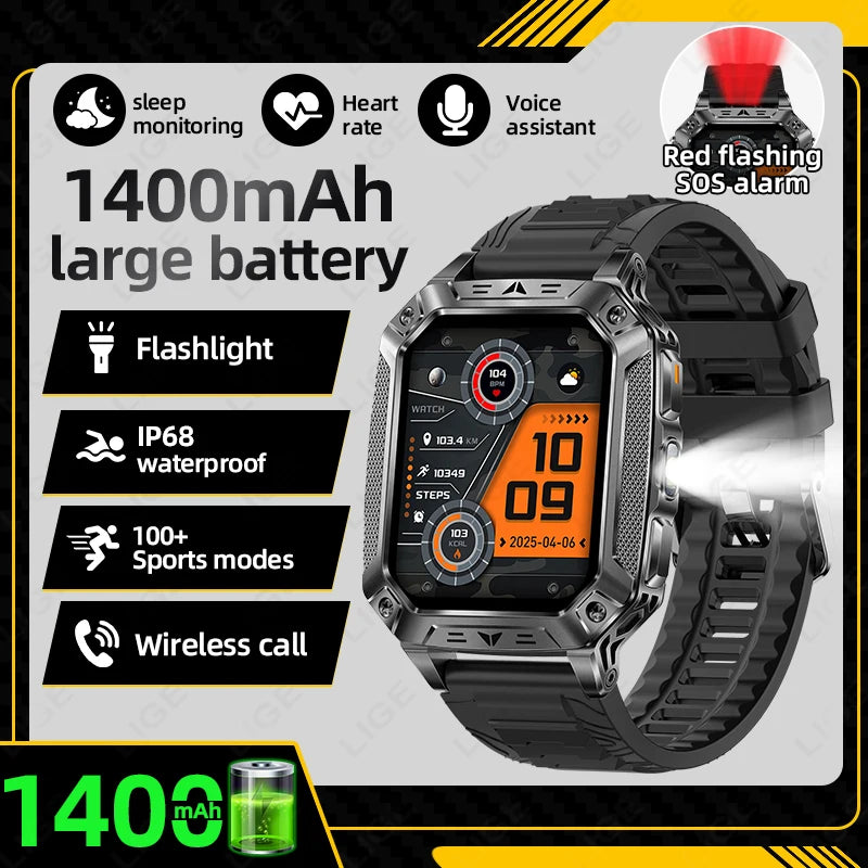 LIGE Built-in 1400mAh Super Large Battery Men Smart Watch Outdoor Flashlight IP68 Waterproof BT Call 2.01" New Smartwatch 2026