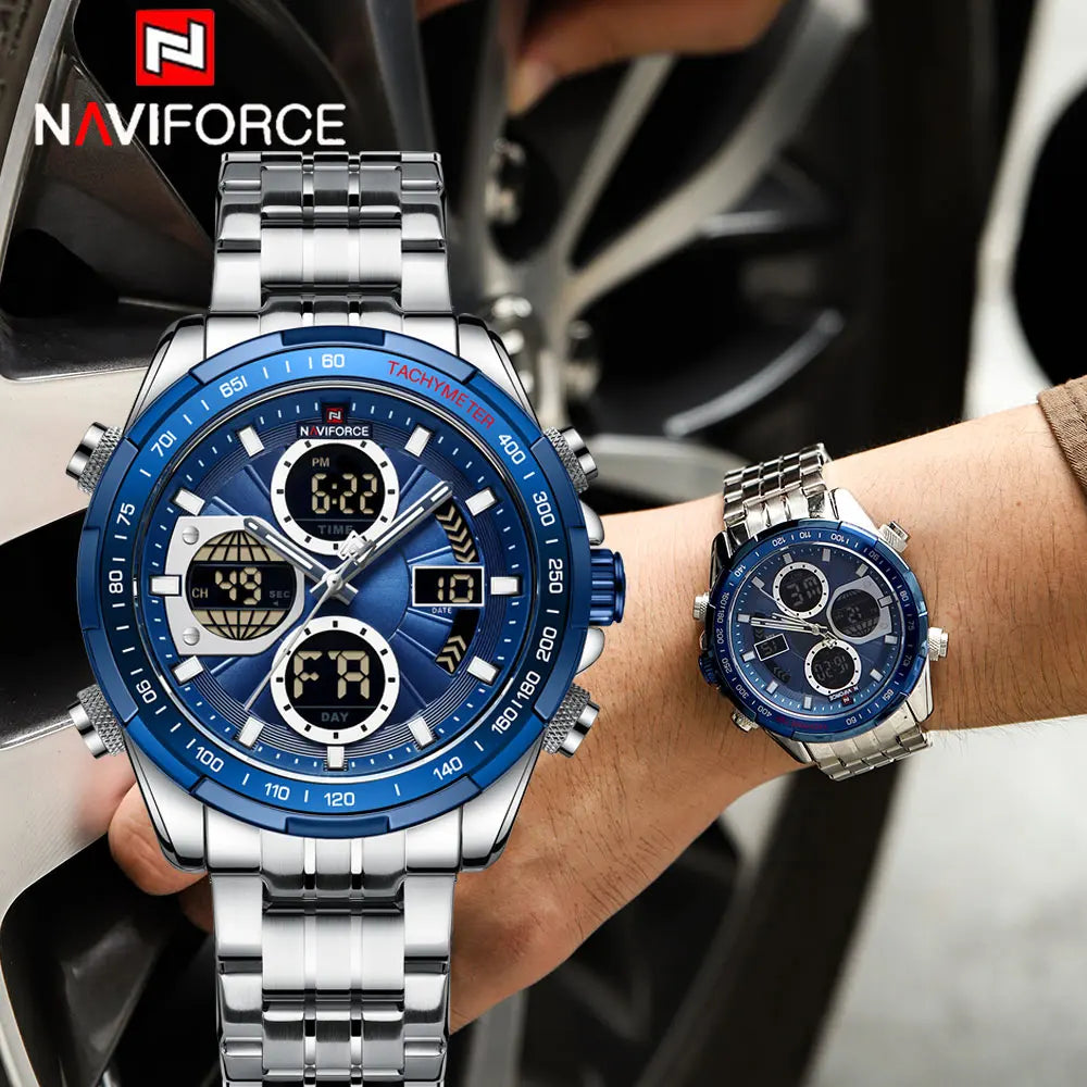 Reloj NAVIFORCE de lujo para hombre, clásico, de cuarzo y digital, reloj de pulsera deportivo militar de acero inoxidable plateado 9197