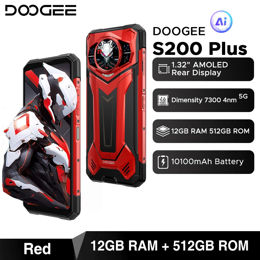 Estreno mundial del teléfono inteligente ultra resistente DOOGEE S200 Plus 5G con IA, Dimensity 7300, pantalla trasera de 1,32", 12+512 GB, pantalla de 6,72" y batería de 10100 mAh